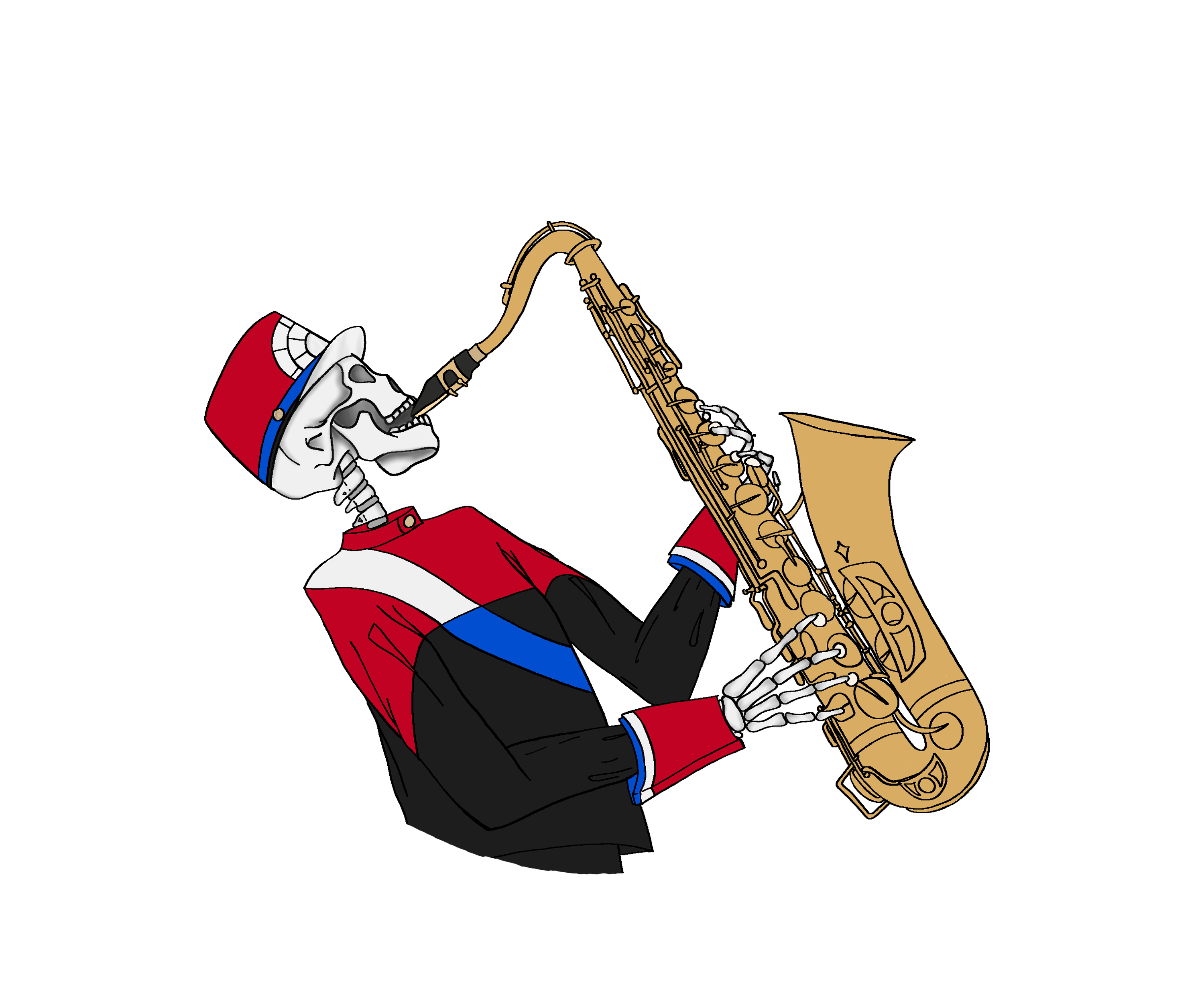 a skeleton in a marching uniform playing a saxophone